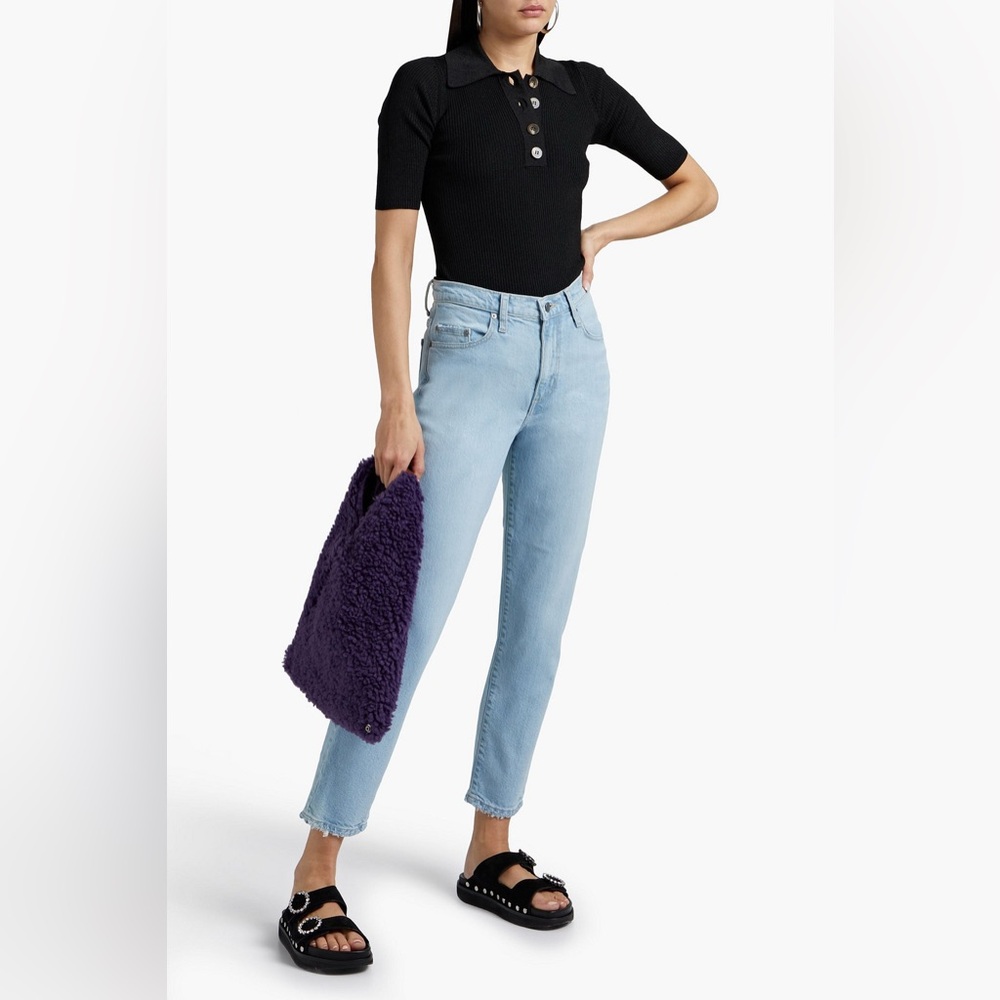 Nobody Denim Chelsea Polo Pointelle Short Sleeve Ribbed Top Black Size S